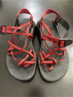 Chaco Red and Black Strappy Adventure Sandals